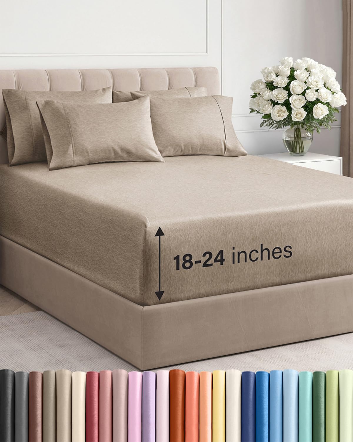 Extra Deep Queen Sheet Set - 6 Piece Breathable and Cooling Sheets - Grey