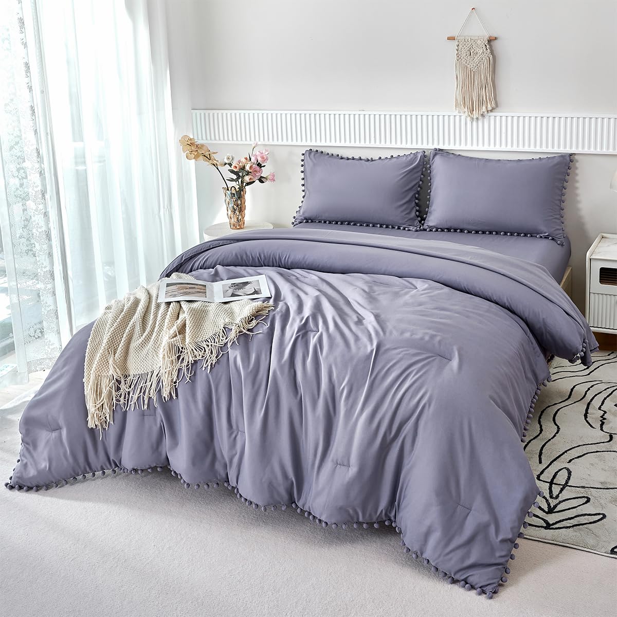 PERFEMET 5 Pieces Lavender Purple Comforter Set Twin Girls Pom Bedding Sets
