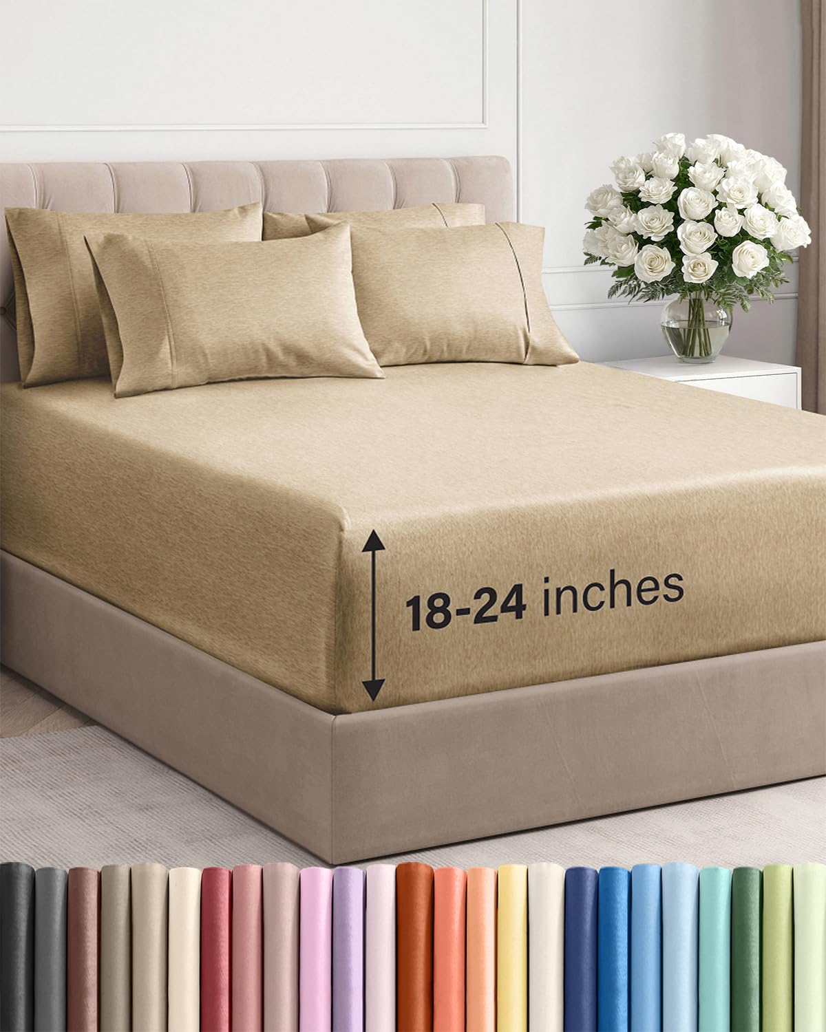 Extra Deep Queen Sheet Set - 6 Piece Breathable and Cooling Sheets - Grey