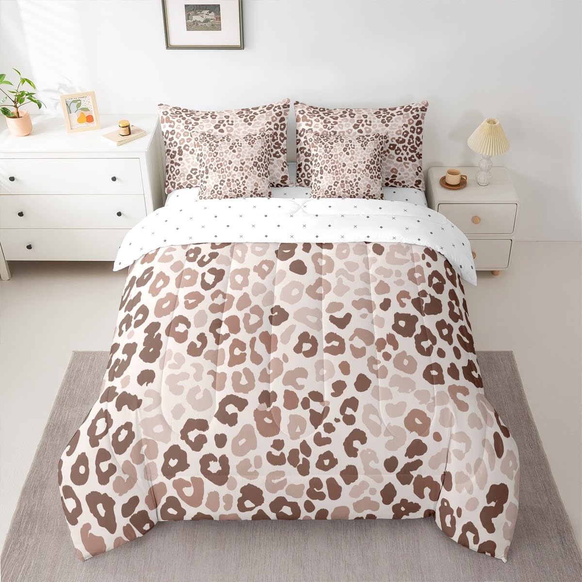 jejeloiu Leopard Print Comforter Set with Sheets 7 Piece Queen Size Cheetah Print Bedding Set for Kids Boys Girls Beige Bed in a Bag Modern Art Room Decor Soft Lightweight Microfiber