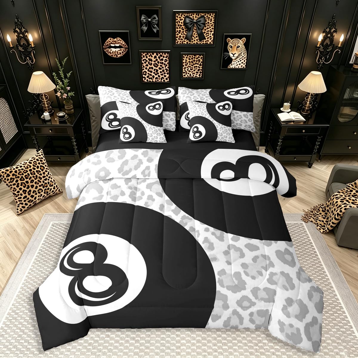 Erosebridal Leopard Print Bedding Set,7 Piece Pink Lucky 8 Ball Cheetah Bed in A Bag Queen Comforter Set for Boys Girls Women Preppy Room Decor Aesthetic Comforter and Sheets Fashion Coquette Bed Set