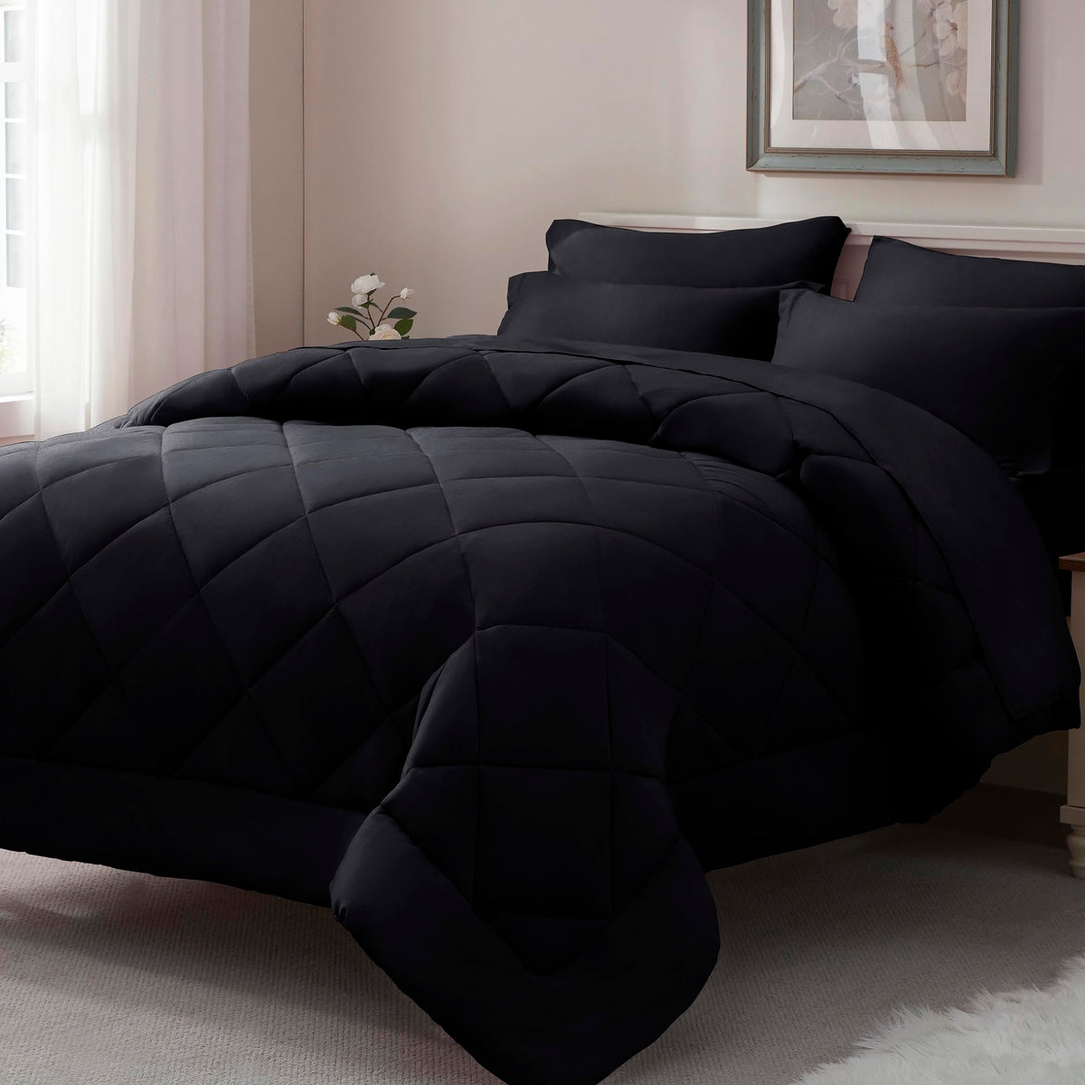 ELNIDO QUEEN® Queen Comforter Set Navy - 7 Pieces Bed in a Bag Queen Size, Bed Set All Seasons, Ultra Soft Dark Blue Bedding Sets with Comforter, Flat Sheet, Fitted Sheet, Pillowcases and Pillow Shams