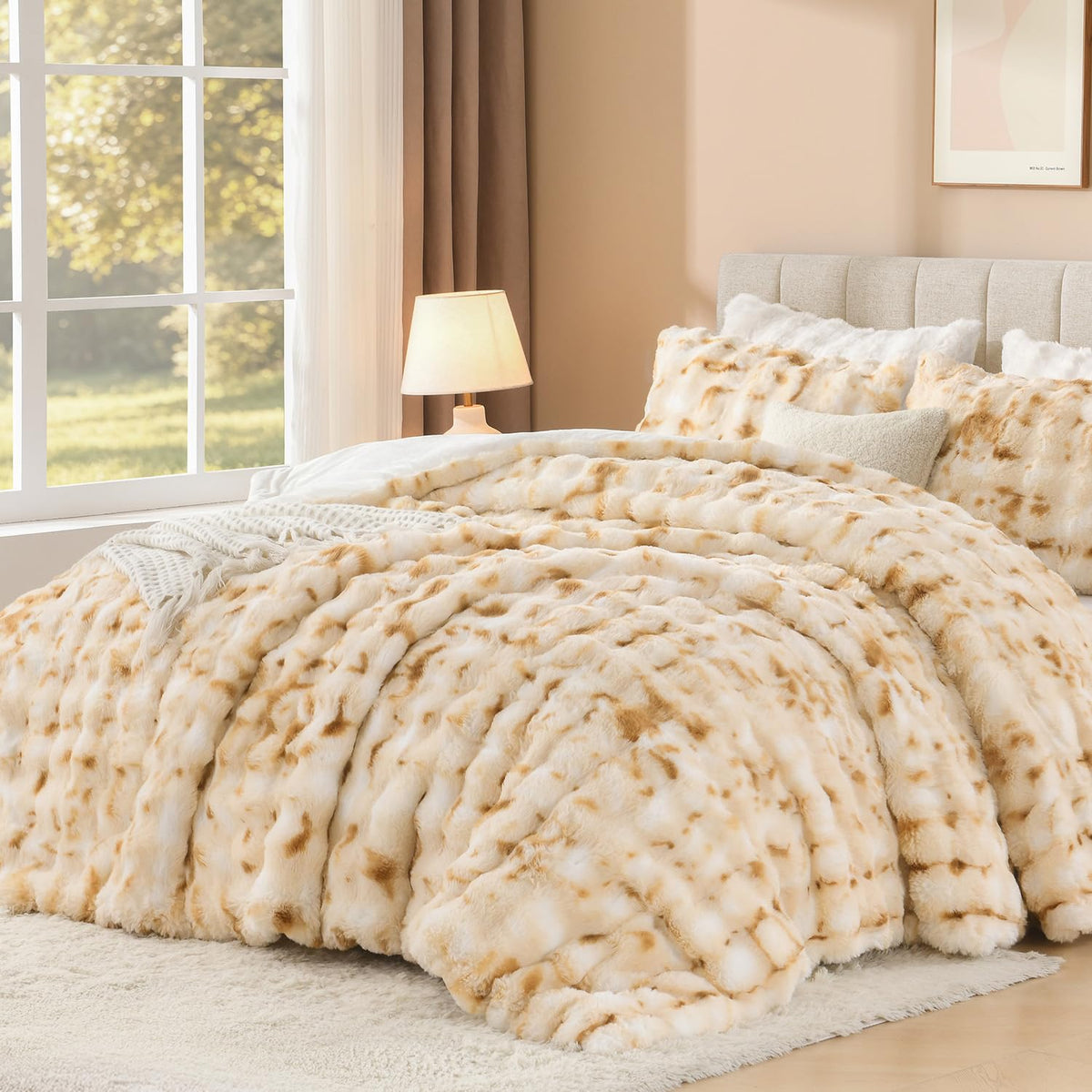 Andency Fluffy King Comforter Set Beige, Cheetah Print Bedding 3 Pieces