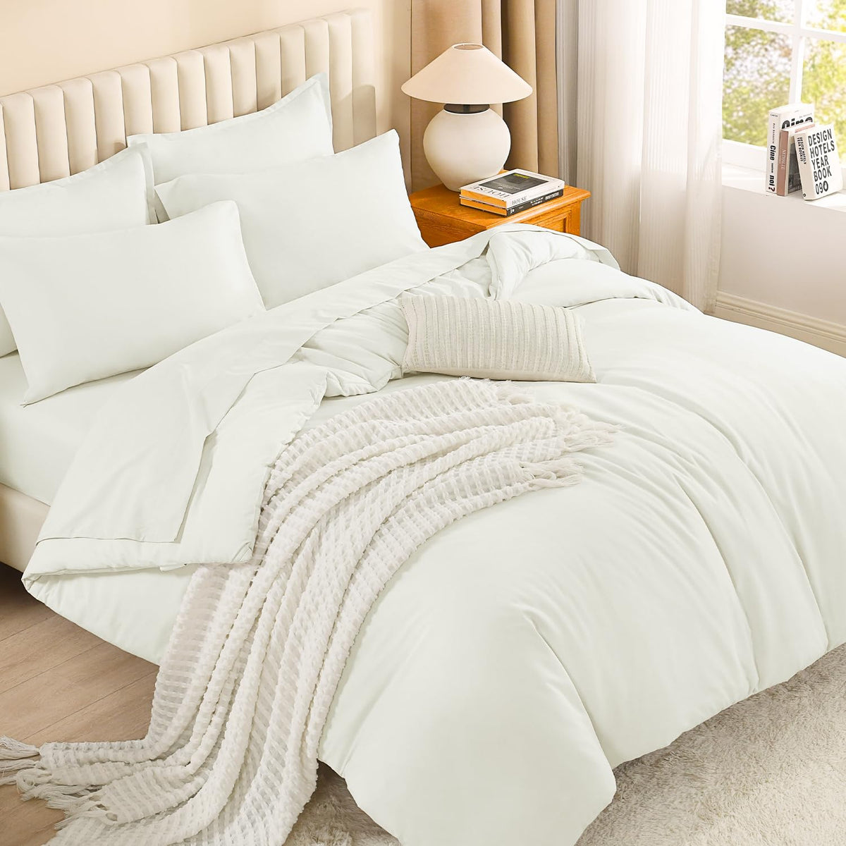 Litanika King Comforter Set with Sheets Beige - 7 Pieces Solid Bed in a Bag