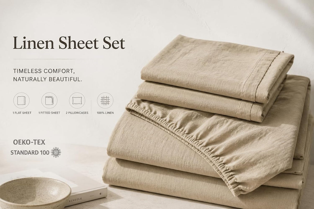 MEISHANG 100% French Linen Sheets Queen,4 Pcs,18-24" Extra Deep Pocket