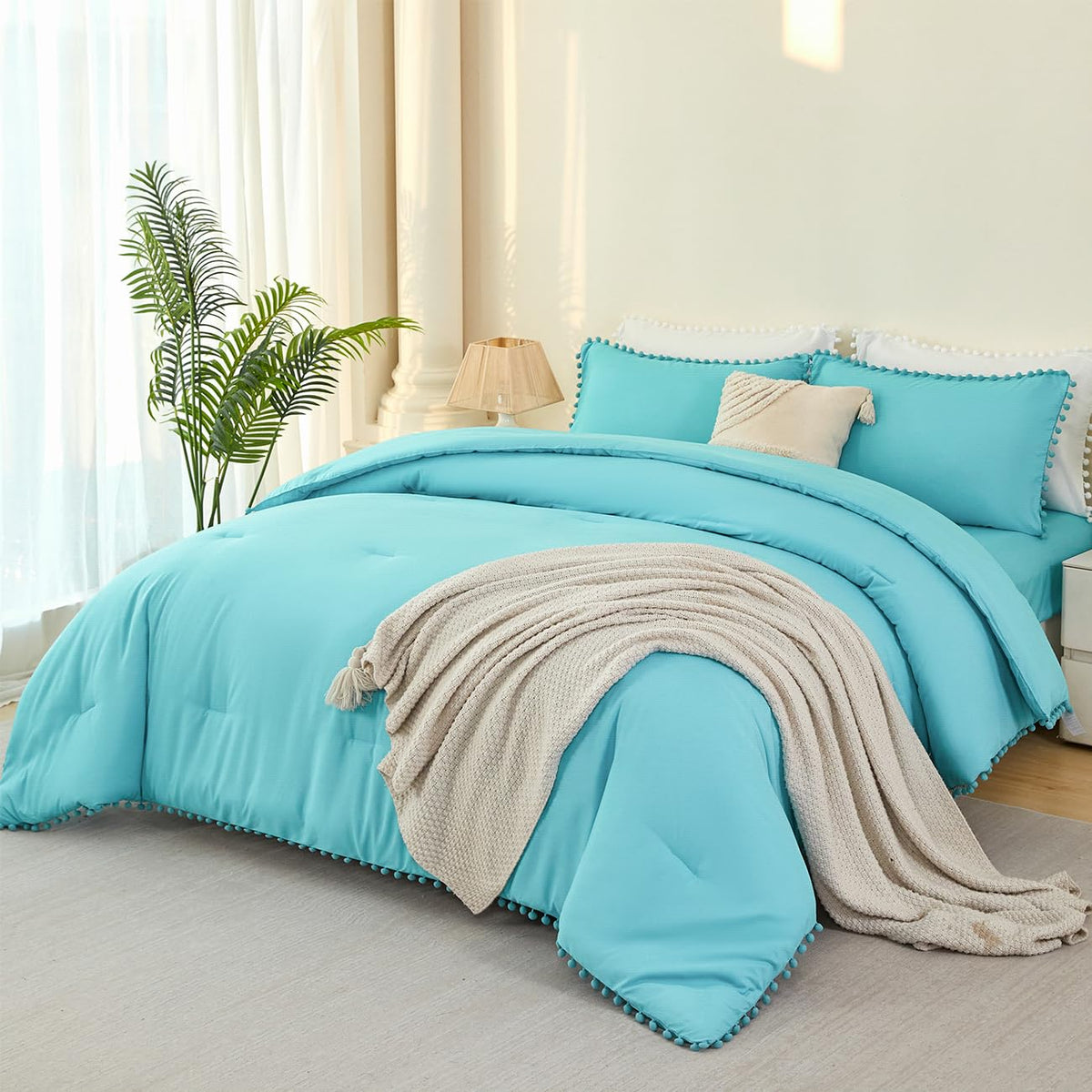PERFEMET 5 Pieces Lavender Purple Comforter Set Twin Girls Pom Bedding Sets