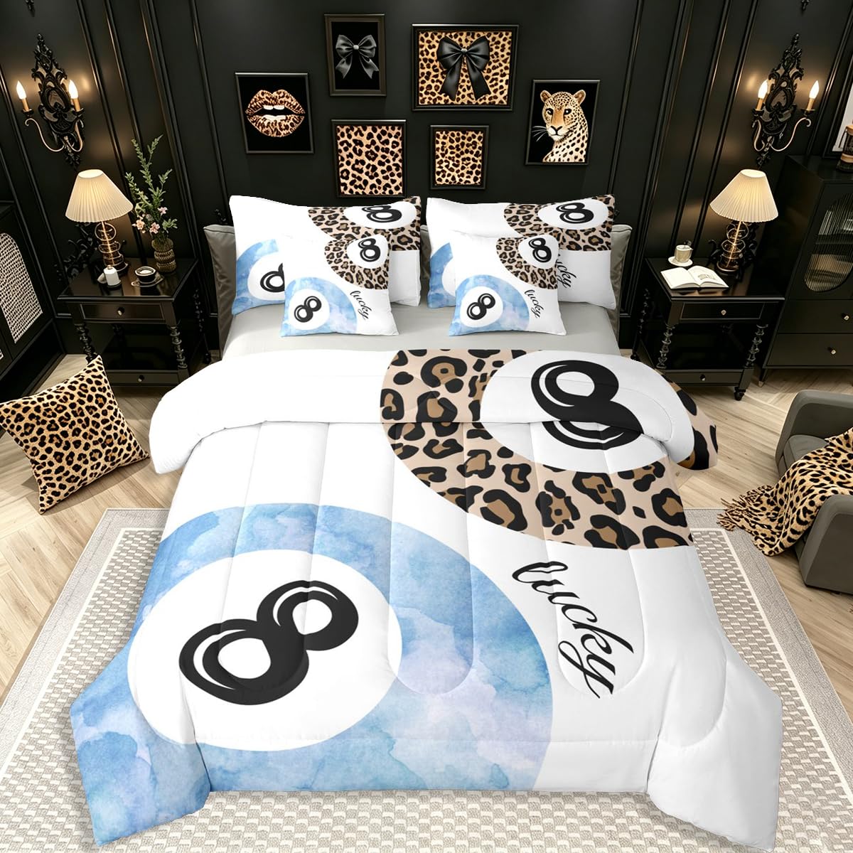 Erosebridal Leopard Print Bedding Set,7 Piece Pink Lucky 8 Ball Cheetah Bed in A Bag Queen Comforter Set for Boys Girls Women Preppy Room Decor Aesthetic Comforter and Sheets Fashion Coquette Bed Set