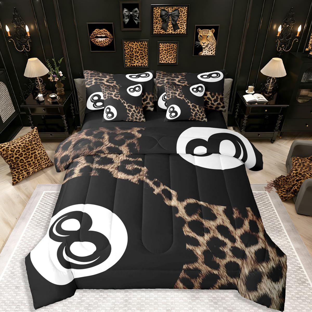Erosebridal Leopard Print Bedding Set,7 Piece Pink Lucky 8 Ball Cheetah Bed in A Bag Queen Comforter Set for Boys Girls Women Preppy Room Decor Aesthetic Comforter and Sheets Fashion Coquette Bed Set
