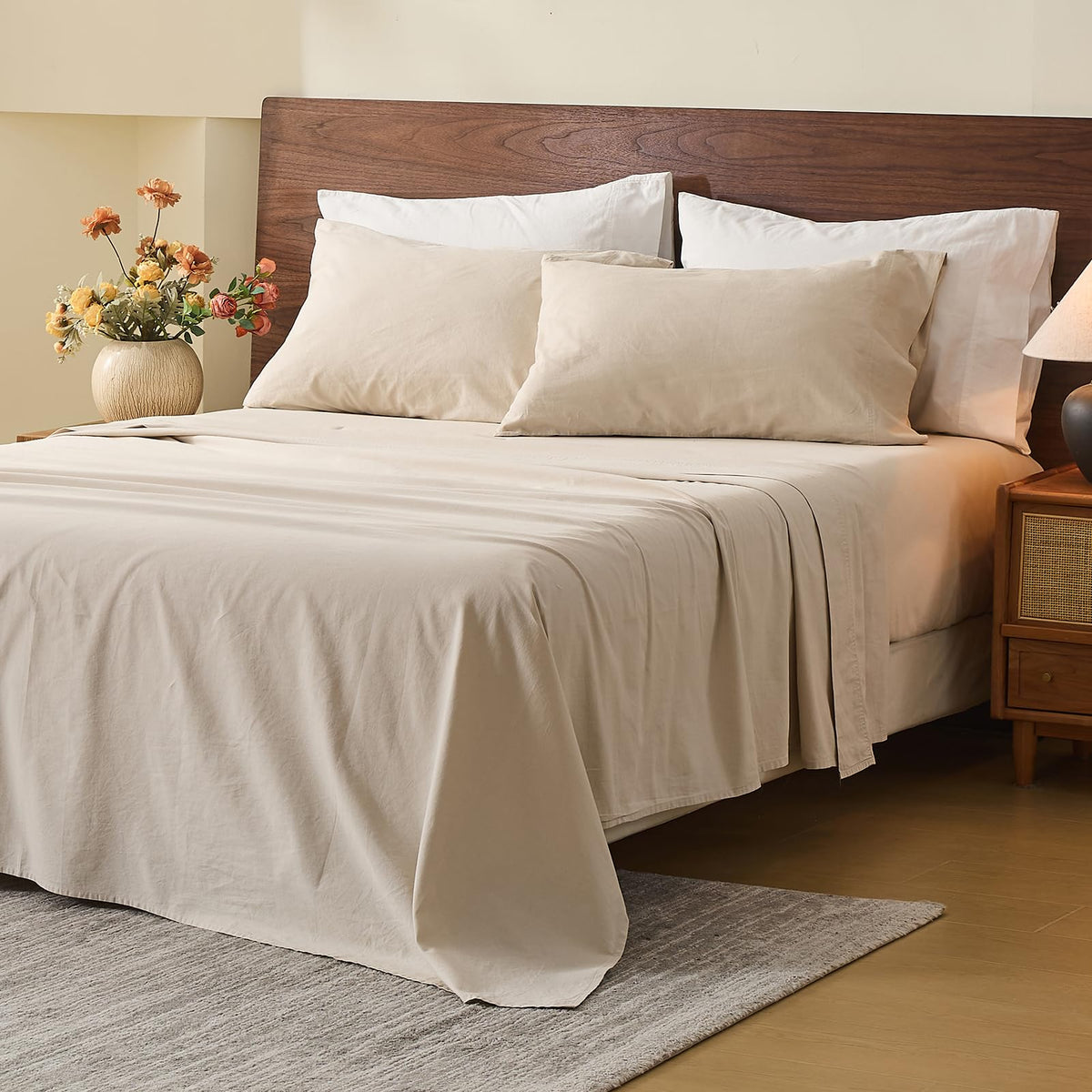 MEISHANG 100% French Linen Sheets Queen,4 Pcs,18-24" Extra Deep Pocket