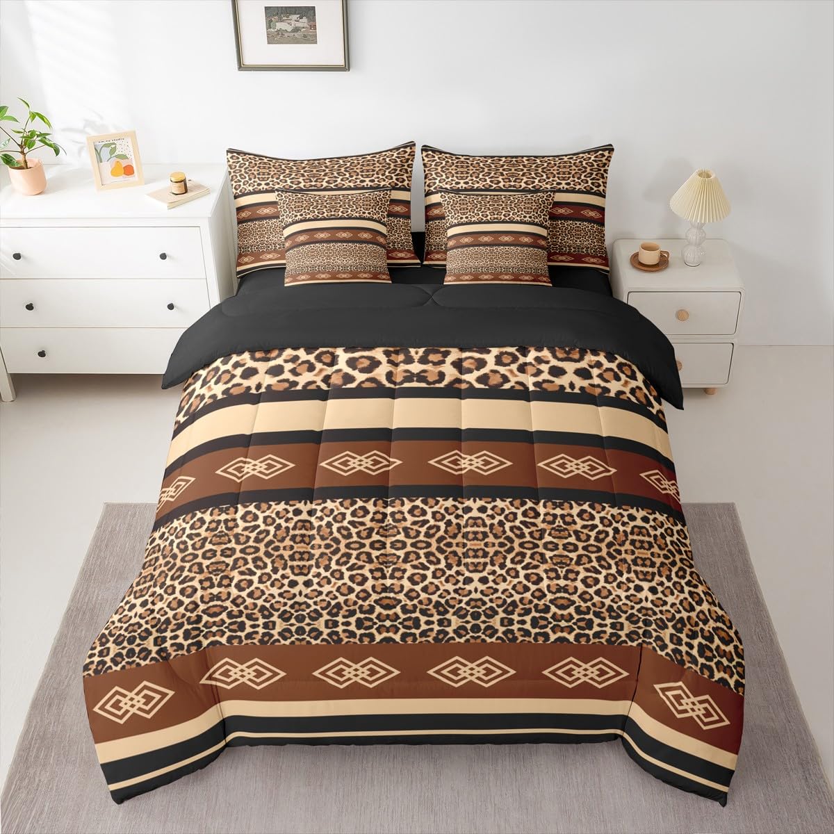 jejeloiu Leopard Print Comforter Set with Sheets 7 Piece Queen Size Cheetah Print Bedding Set for Kids Boys Girls Beige Bed in a Bag Modern Art Room Decor Soft Lightweight Microfiber