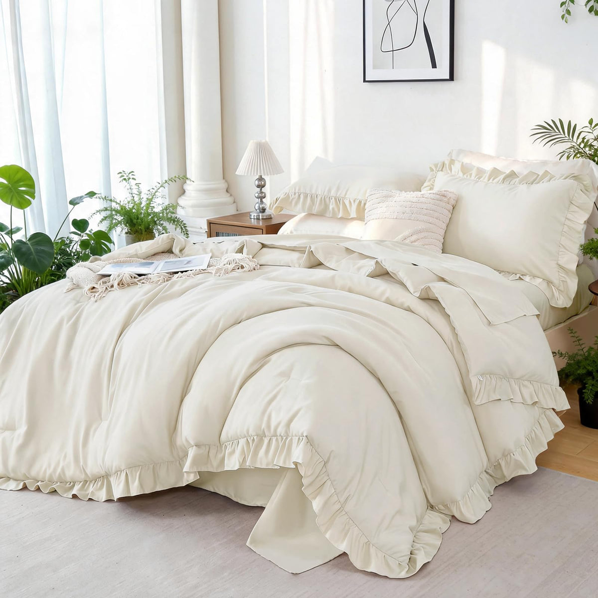 ZRNBAST Full Comforter Set Sage Green, 5 Pieces Ruffle Full Bed Sets, Soft Farmhouse Fluffy Bed in a Bag Shabby Chic Bedding Sets with Ruffled Comforter, Flat Sheet, Fitted Sheet, Pillowcases