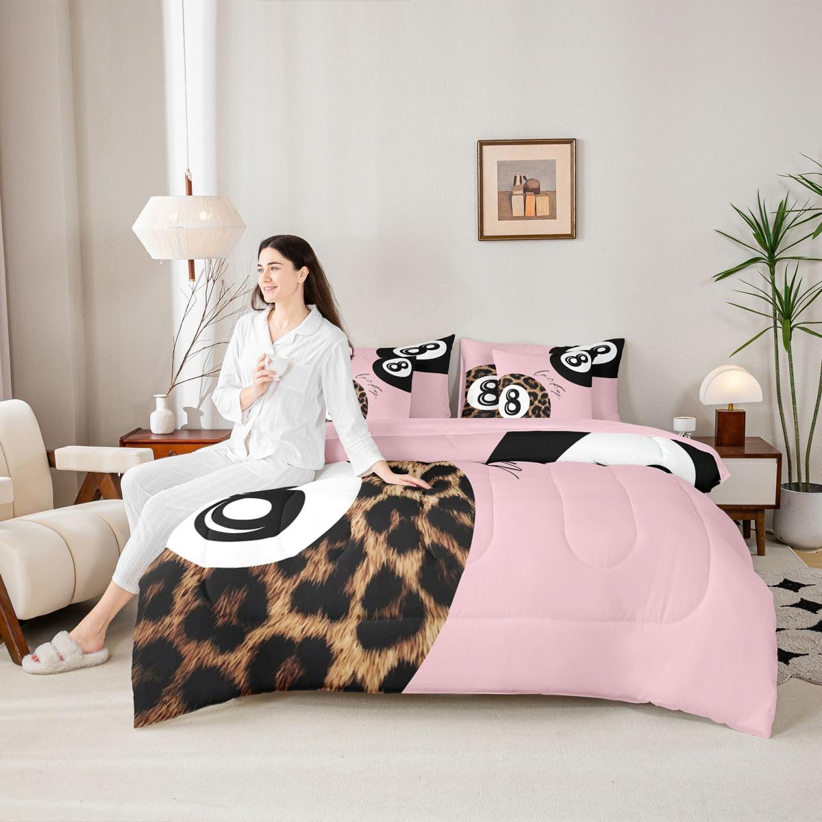 Erosebridal Leopard Print Bedding Set,7 Piece Pink Lucky 8 Ball Cheetah Bed in A Bag Queen Comforter Set for Boys Girls Women Preppy Room Decor Aesthetic Comforter and Sheets Fashion Coquette Bed Set