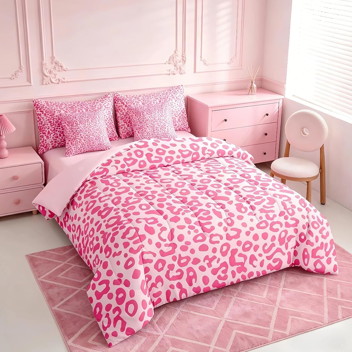 Feelyou Cute Leopard Bedding Set for All Season Cheetah 7 Pieces Comforter Sets Full Size Teens Room Decor Pink Animal Print Bed in a Bag with Comforter, Sheets, Pillowcases & Cushion Cover