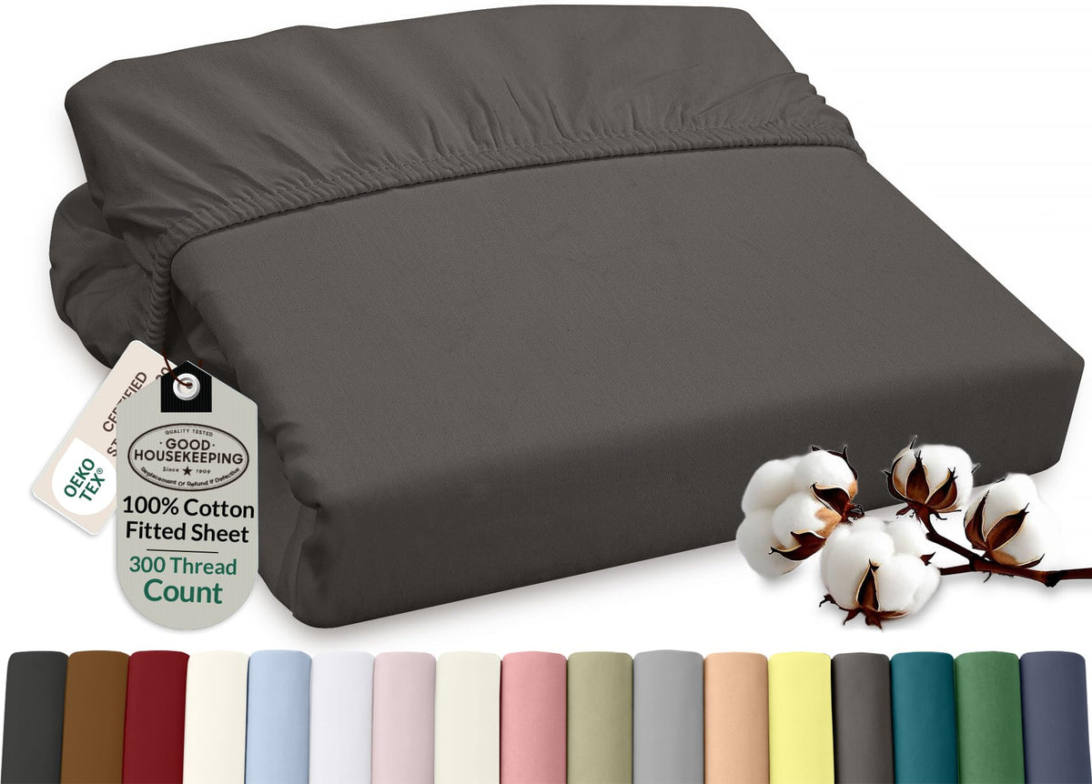 ROYALE LINENS 300 Thread Count 100% Long Staple Combed Cotton Fitted Sheet Full - Super Soft Deep Pocket Bottom Sheet - Fitted Sheets Only - Elastic Sheets (Full, White)