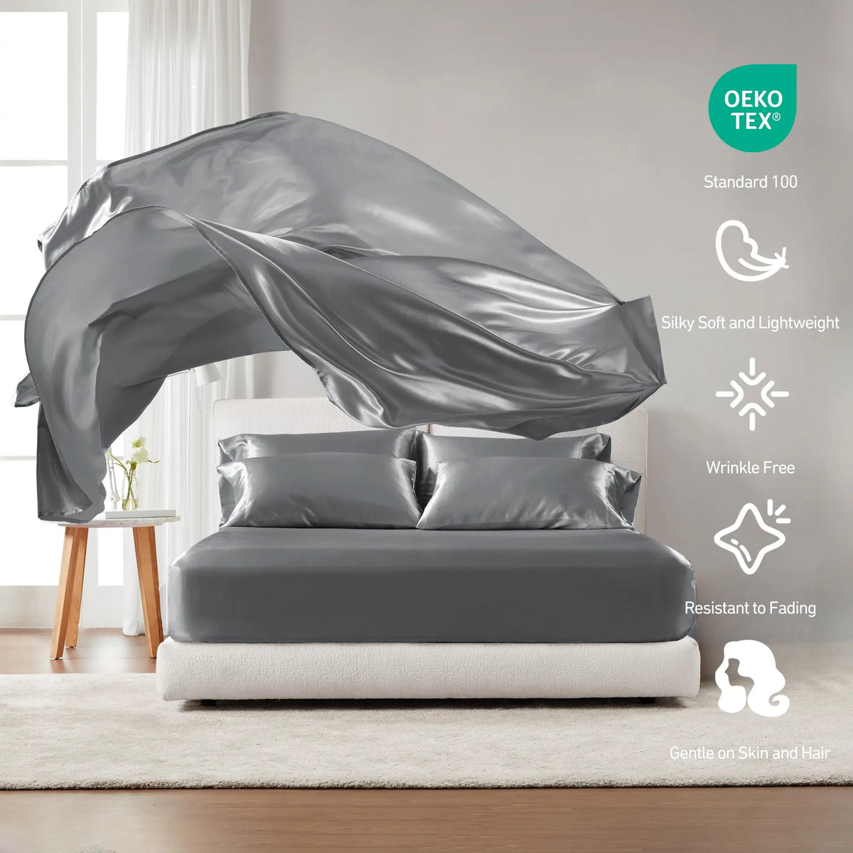 6-Piece Solid Color Satin Bed Sheet Set - 1 Flat, 1 Fitted, 4 Pillowcases, Luxurious with Natural Sheen and Silky Glide on Skin, Satin Bed Sheets