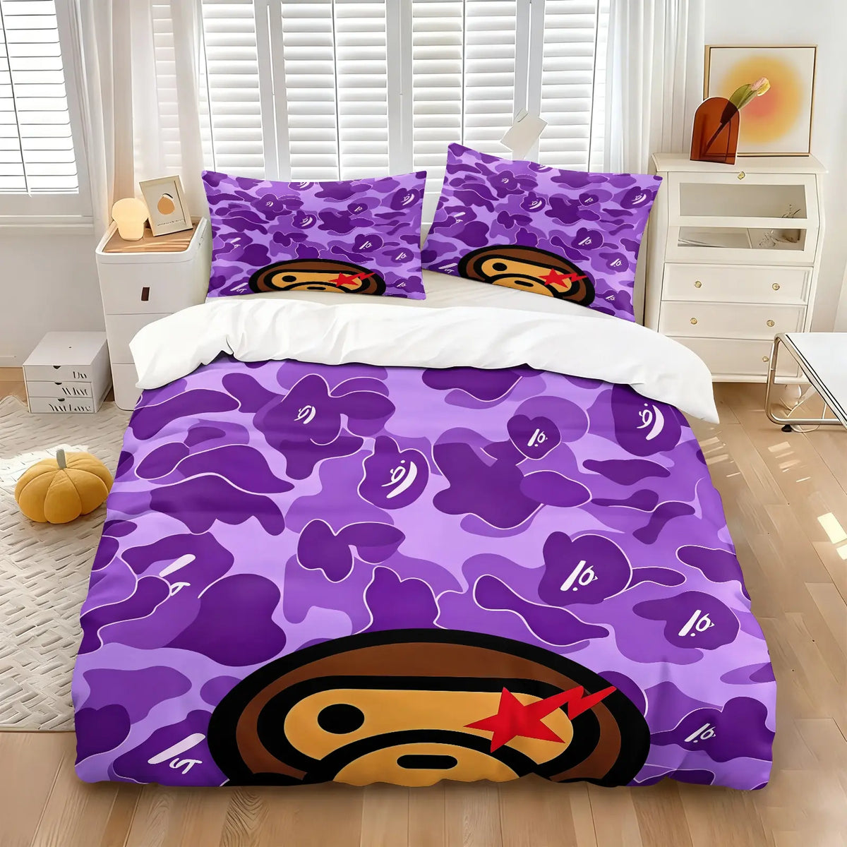 Streetwear Grey Camo Ape Head Duvet Cover Set (1 Duvet Cover + 1-2 Pillowcases), Soft Breathable Bed Linen, Cartoon Monkey Red Star Camouflage HD Digital Printed Vivid Pattern, Trendy Cool Aesthetic Bedroom Decor for All Season Use Camouflage Bedding Set