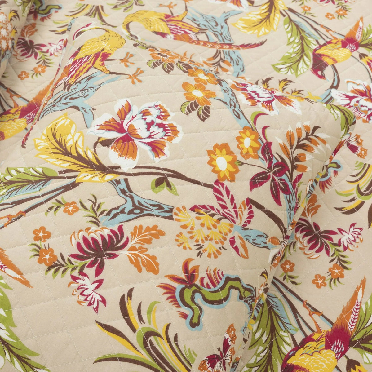 Lush Decor Dolores King Quilted Bedspread Set - 3-Piece 100% Cotton Reversible Duvet Cover with Nature Motifs, Matching Pillows, Bright Elegant Bleach-Safe Bedding Set (Plant/Animal-Free)