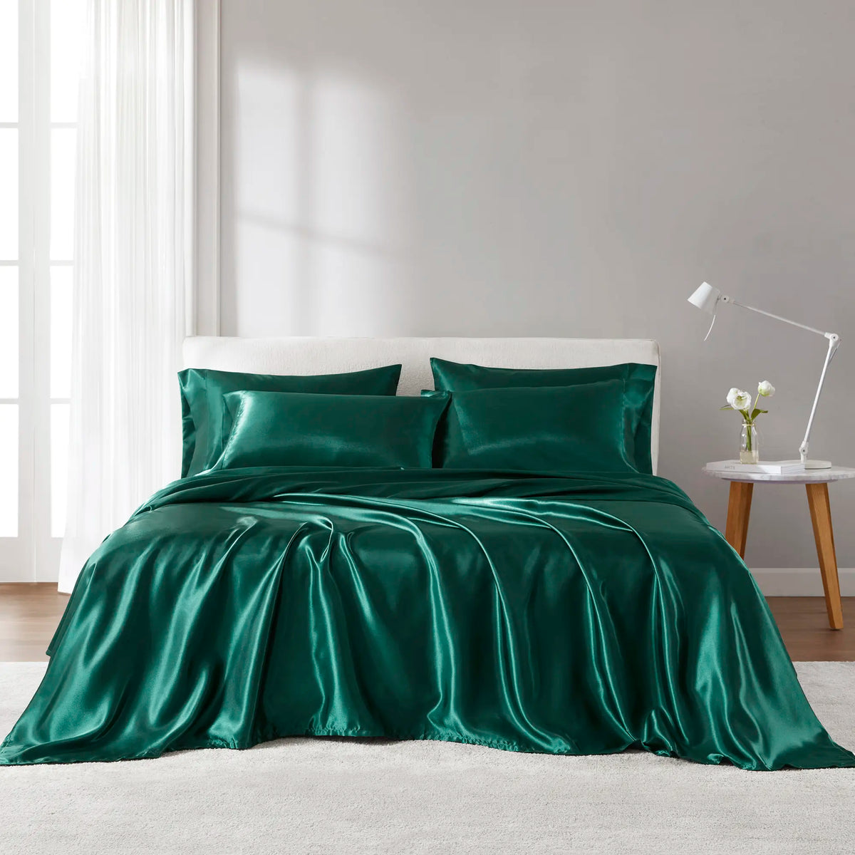 6-Piece Solid Color Satin Bed Sheet Set - 1 Flat, 1 Fitted, 4 Pillowcases, Luxurious with Natural Sheen and Silky Glide on Skin, Satin Bed Sheets