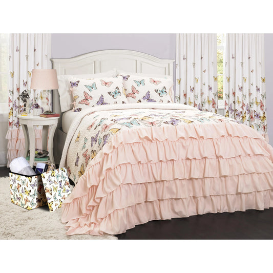 Lush Decor Flutter Butterfly Quilted Bedding Set - Twin/Full/Queen 2-3-Piece Aesthetic Quilts with Butterfly Charm, 100% Polyester Printed Ruffles, 200 GSM, Machine Washable, Tumble Dryable, Soft Layers, All-Season Bedroom Decor