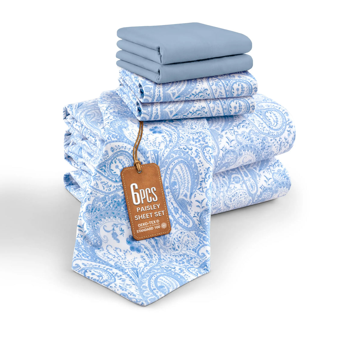 LUX DECOR Collection Queen 6-Pc Paisley & Solid Embroidered Bedding Set - Hypoallergenic Printed Sheets, Pillowcases, 16" Deep Pocket, Wrinkle Resistant, Hotel Luxury, Cozy, Breathable, Cooling, Decorative Bedsheet Sets, Summer Gifts (Twin XL Compatible)
