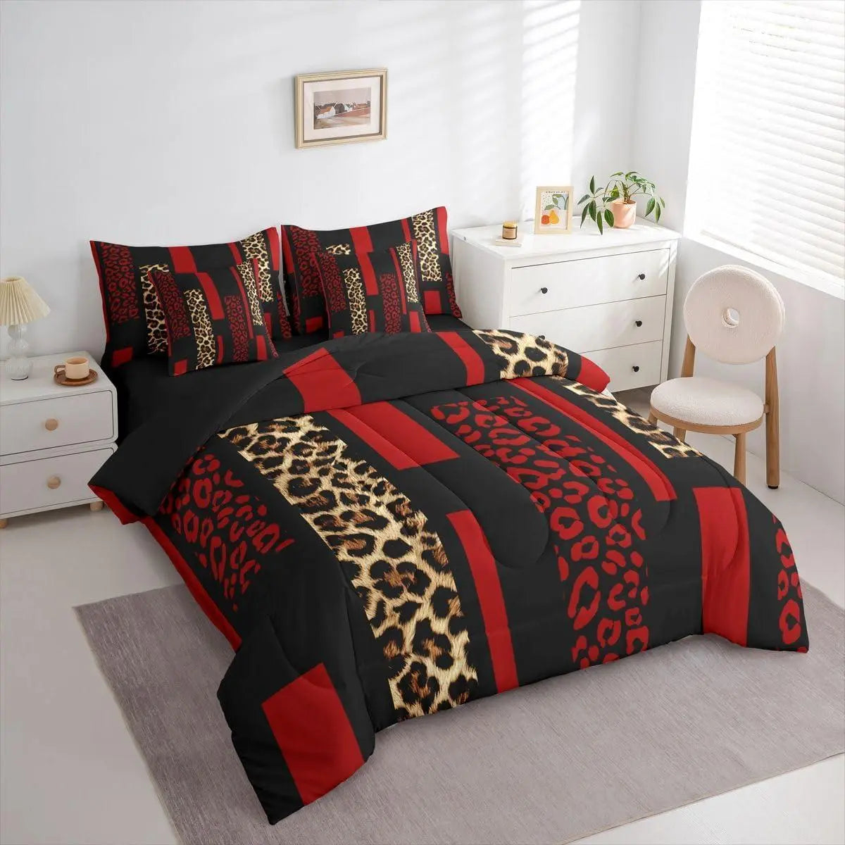 Feelyou Women's 7-Piece Brown-Red Leopard Print Bed-in-A-Bag Bedding Set - Cheetah Stripe Comforter, Abstract Animal Skin Texture Sheets, Queen Size, for Bedroom Decor,sohochic