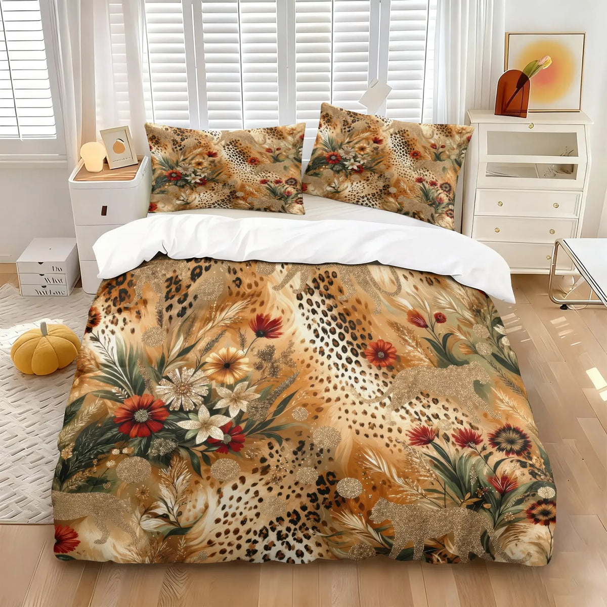 Dark Floral Leopard Print Duvet Cover Set, Includes 1 Duvet Cover and 1‑2 Pillowcases, Soft Comfortable Breathable All‑Season Bedding Set, Burgundy Lily Flower Realistic Pattern, Glam Gothic Boho Aesthetic Room Decor, Soft Bedding Sets