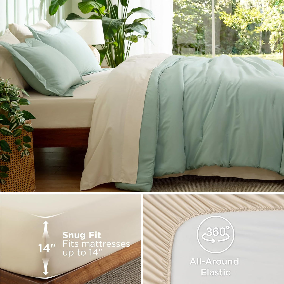 Bedsure Queen Bed in a Bag, Sage Green Comforter Set Contrasting 7 Pieces
