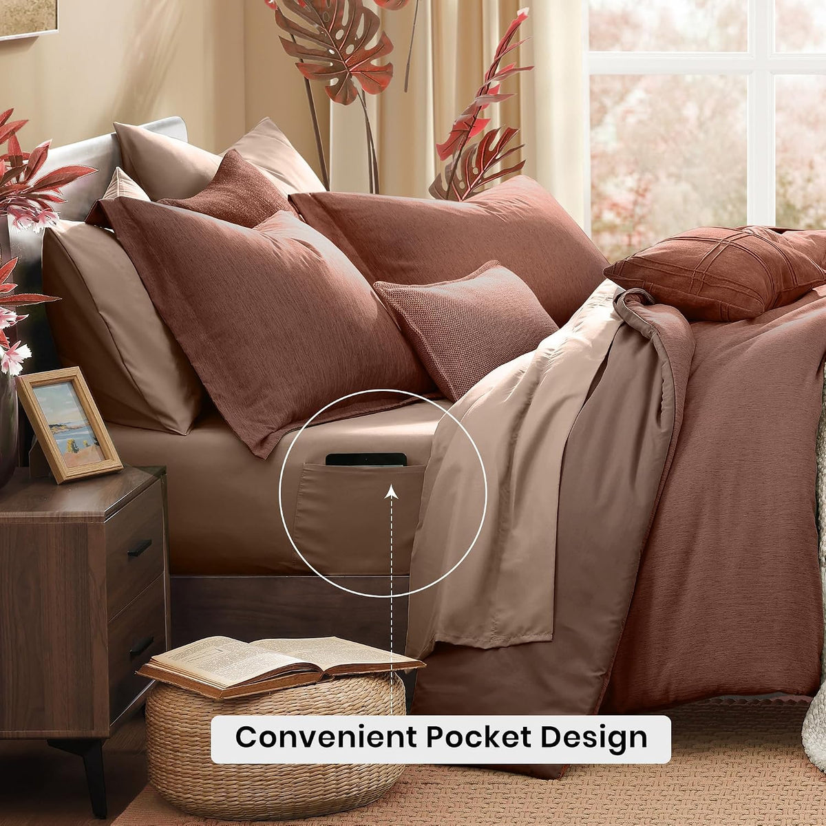 Monbix Queen Comforter Set 7 Pieces Terracotta Cationic Dyeing Bed in a Bag