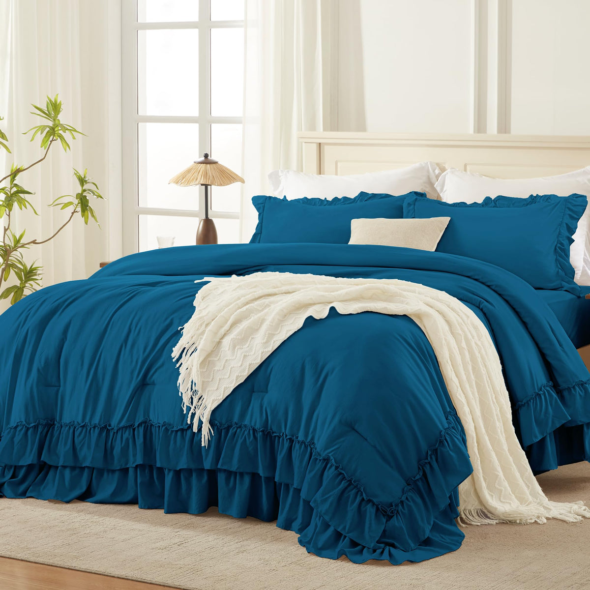 Andency Beige Ruffle Full Size Comforter Set, 3 Pieces