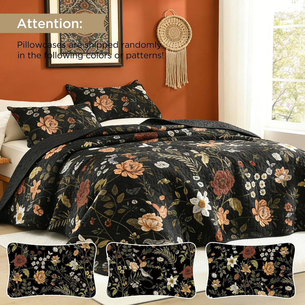 Litanika Floral Black Quilt King - 3Pcs Summer Boho Bedding Set