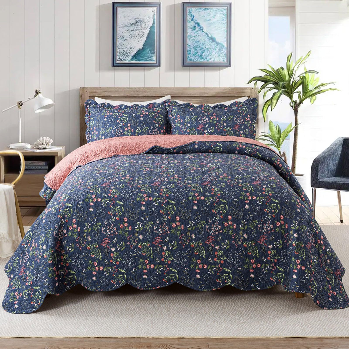 Travan 3-Piece Quilt Set Quilted Bedspread Lightweight Coverlet Set Garden Style Floral Printed Oversized Quilted Bedding Set with Shams for All Season, Exquisite, Queen Size