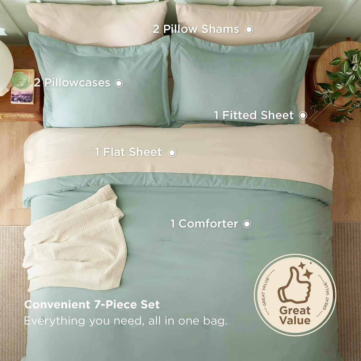 Bedsure Queen Bed in a Bag, Sage Green Comforter Set Contrasting 7 Pieces