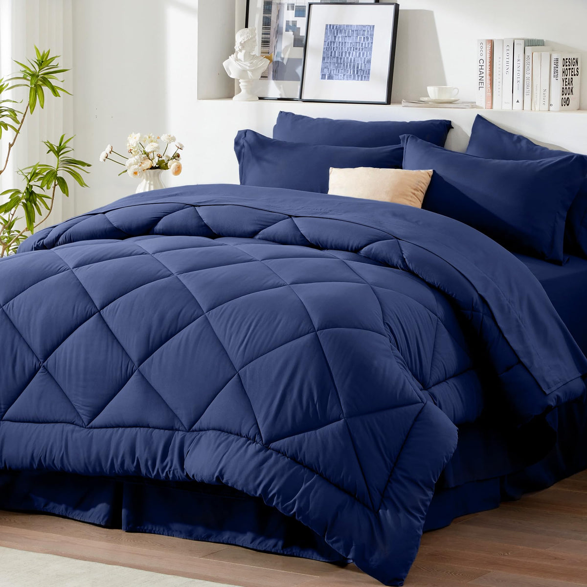 Newspin Queen Comforter Set 8 Pieces Bed in a Bag Soft Bedding Set Beige