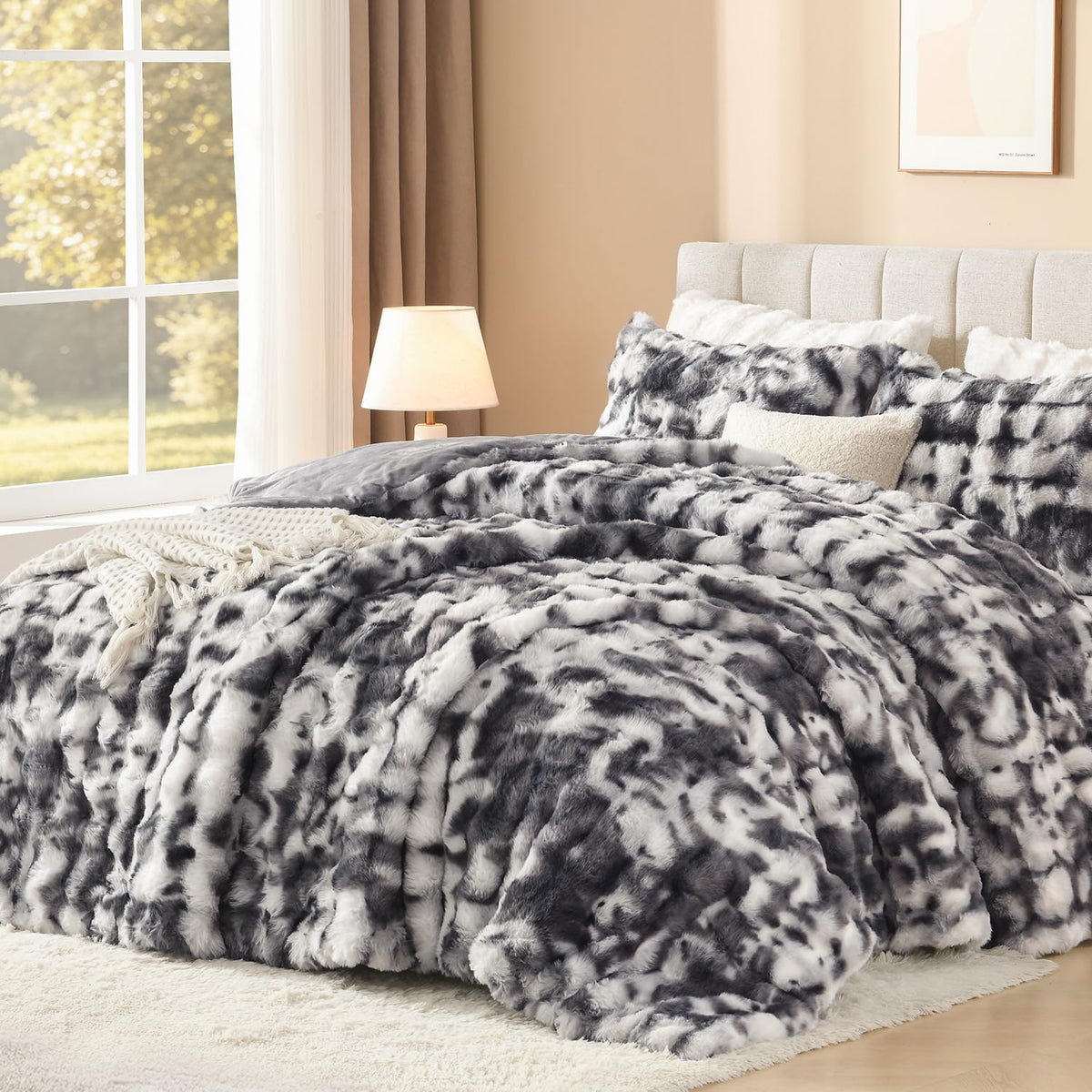 Andency Fluffy King Comforter Set Beige, Cheetah Print Bedding 3 Pieces