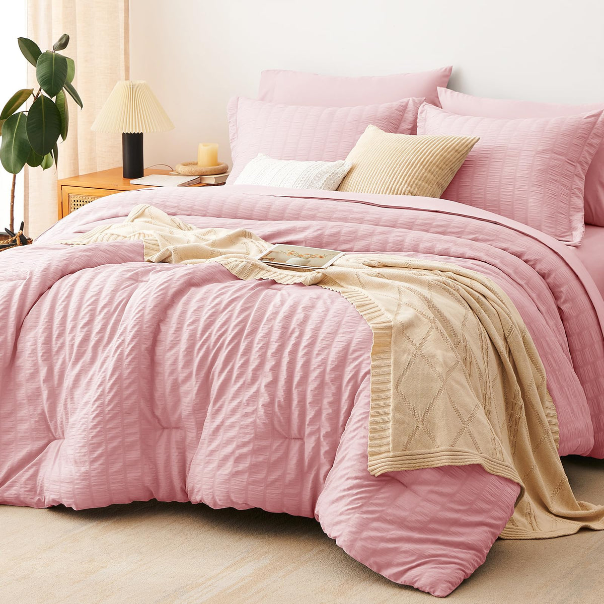CozyLux Queen Comforter Set, 7 Pieces Beige Seersucker Bed in a Bag