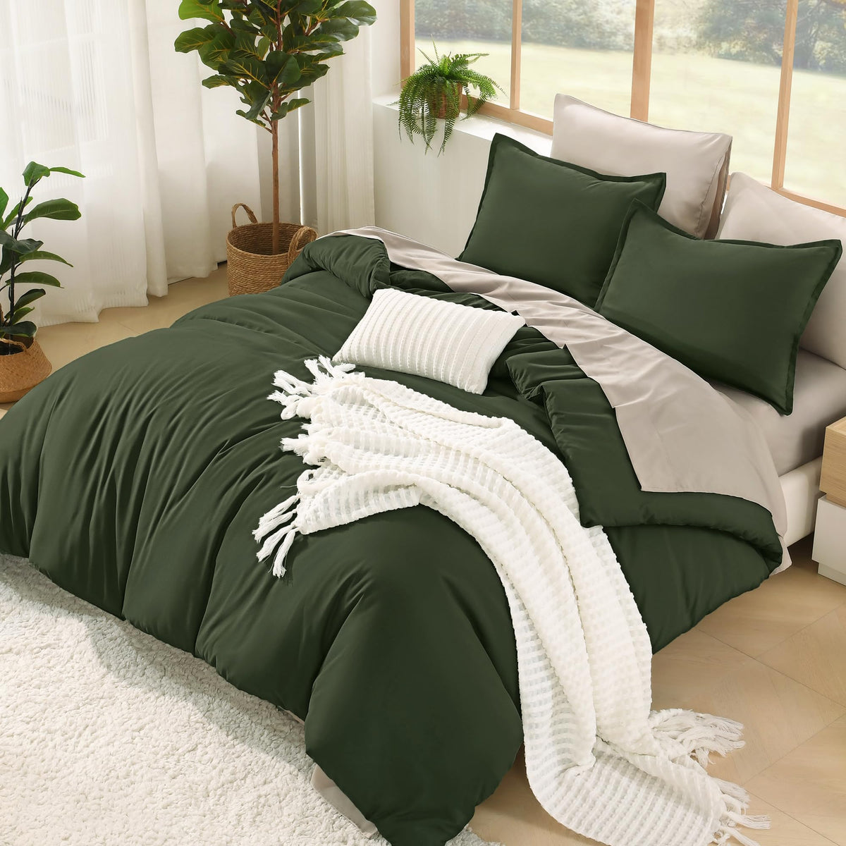 Litanika King Comforter Set with Sheets Beige - 7 Pieces Solid Bed in a Bag
