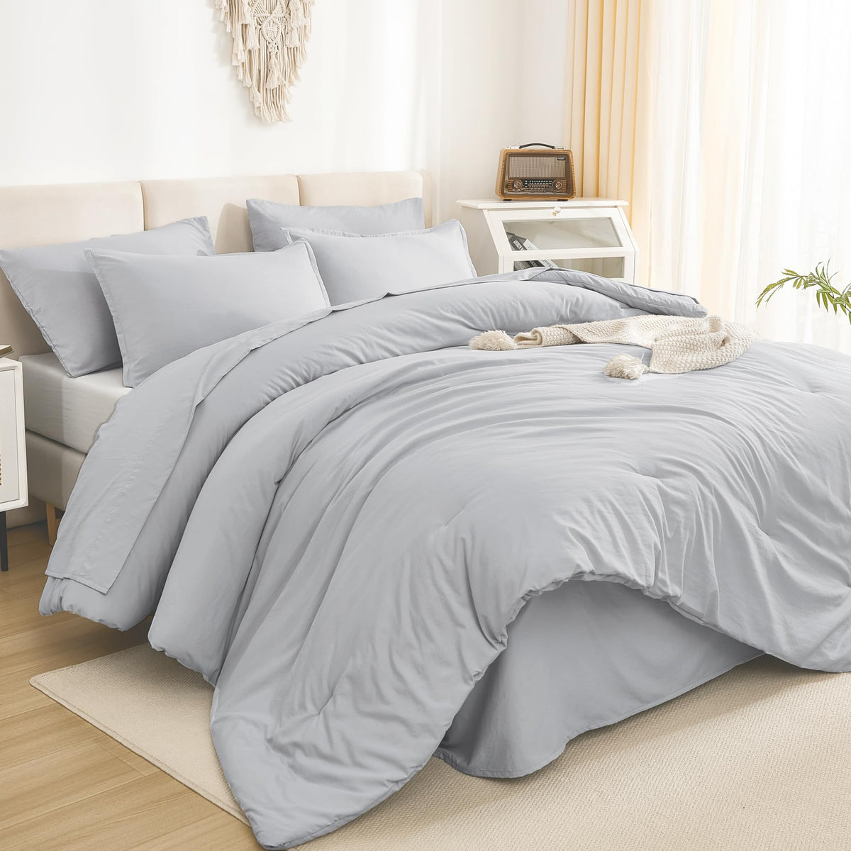Litanika King Comforter Set with Sheets Beige - 7 Pieces Solid Bed in a Bag