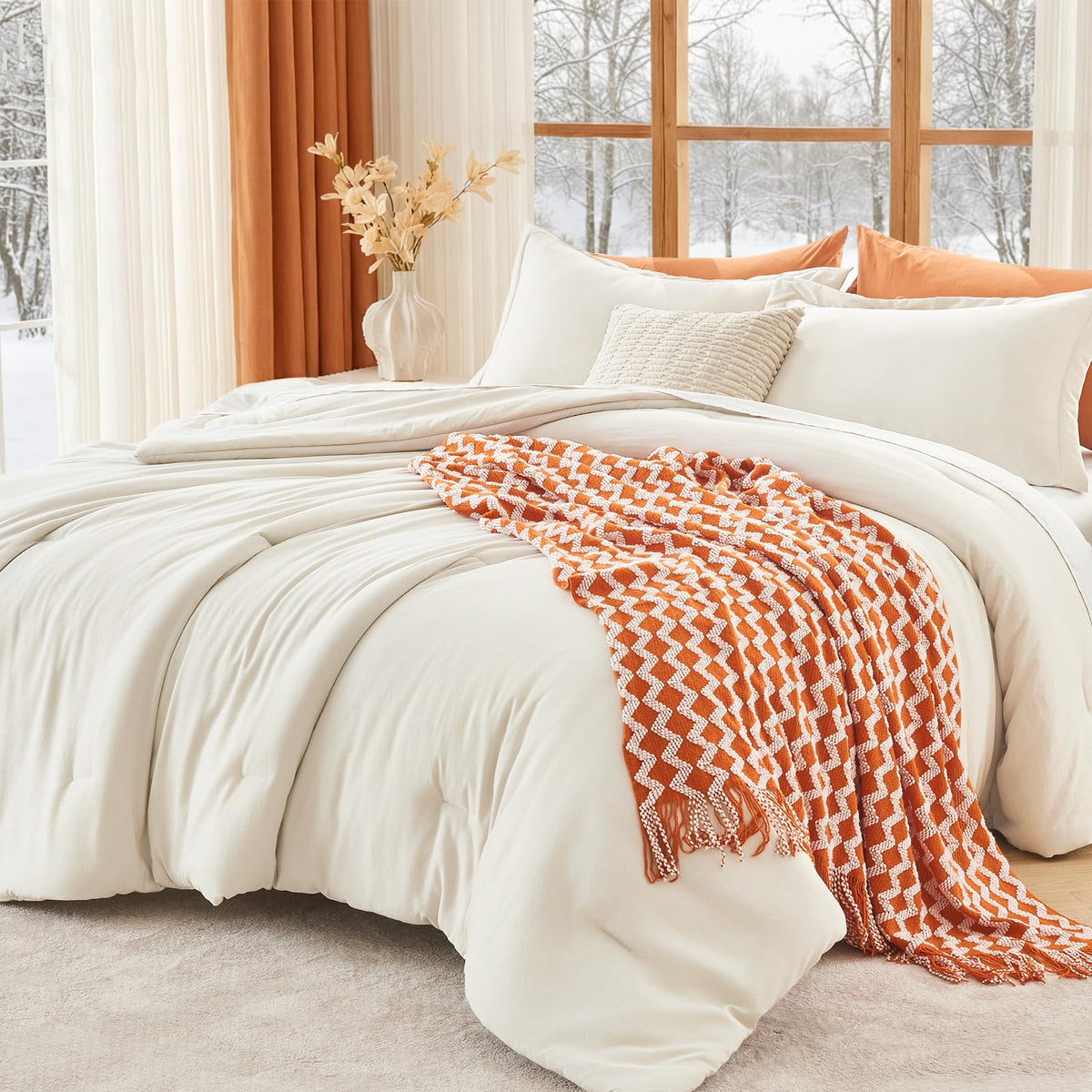 MUXHOMO Queen Size Comforter Set Beige, 3 Piece Solid Bedding for All Seasons, Warm Down Alternative Bed Set Includes 1 Lightweight Comforter (90"x90") and 2 Pillowshams (20"x26")