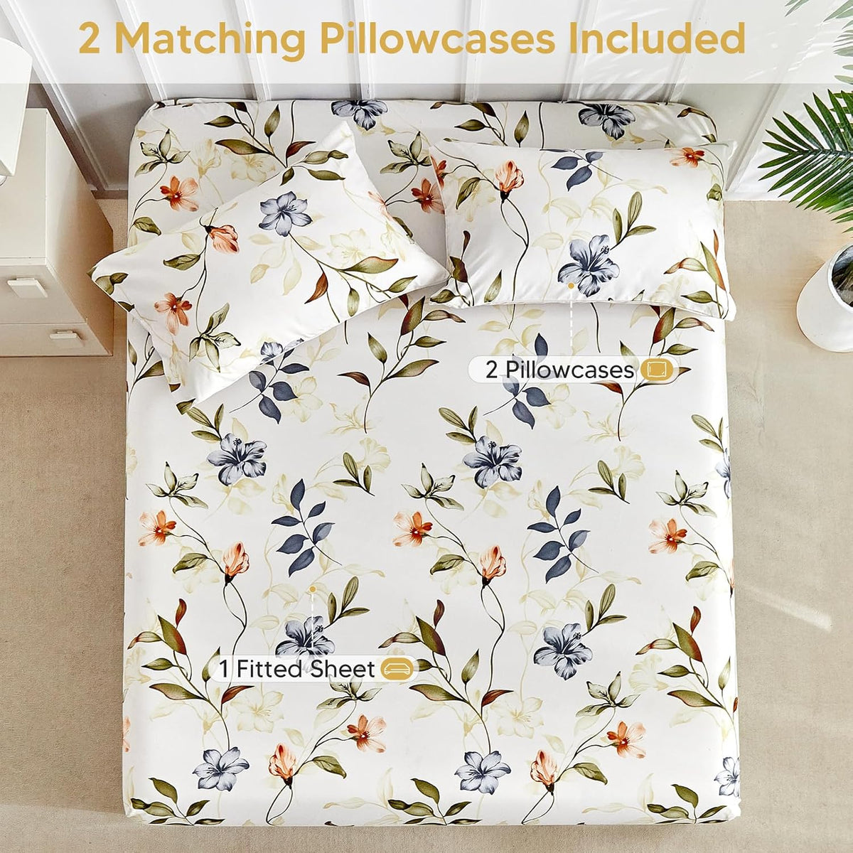 Tokokimo Queen Size Fitted Sheet with 2 Pillowcases, White & Floral Print
