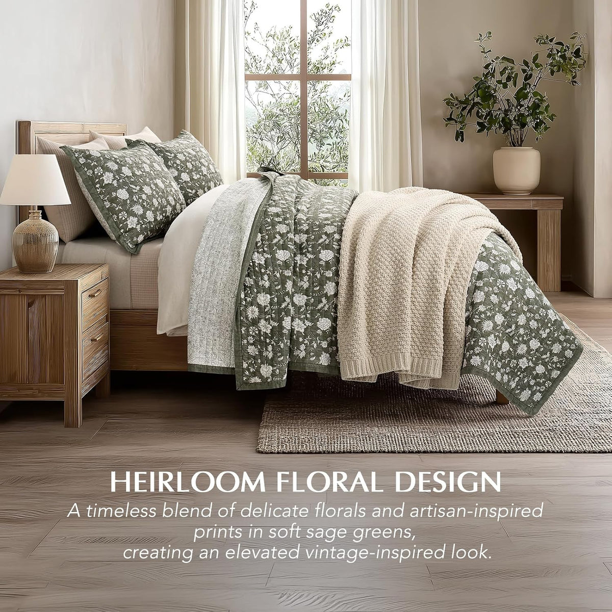 EverGrace 100% Cotton Floral Quilt Set, King Size, Sage Green 108"×96"