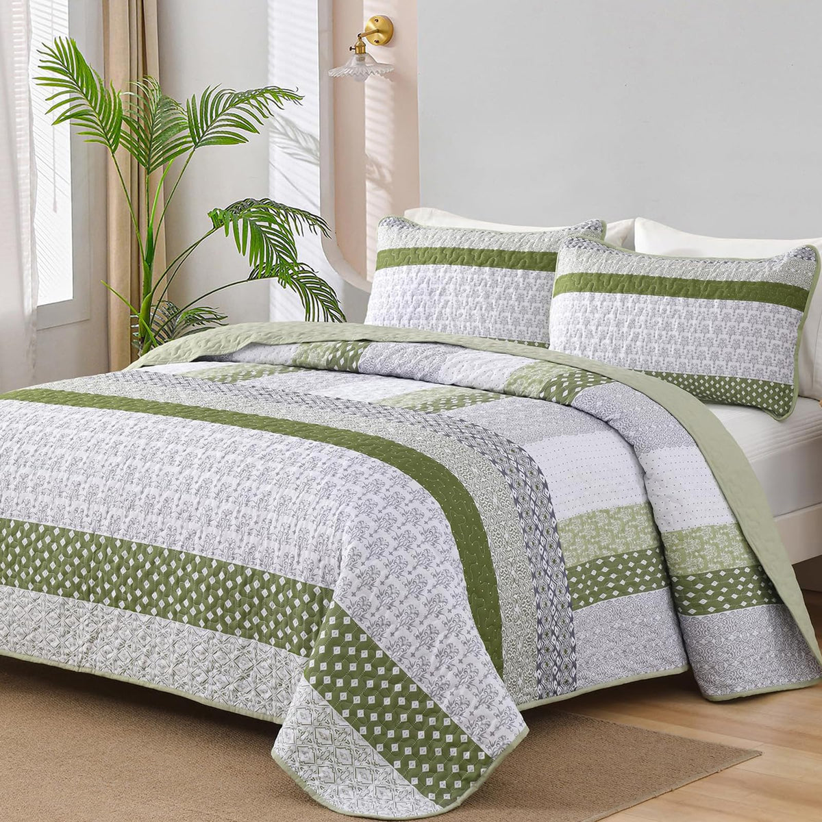 WONGS BEDDING Beige Quilt Queen Size, Boho Striped Bedspread