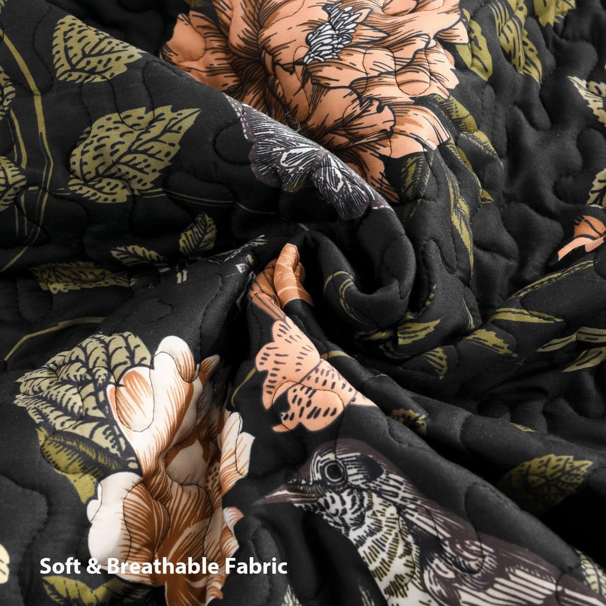Litanika Floral Black Quilt King - 3Pcs Summer Boho Bedding Set
