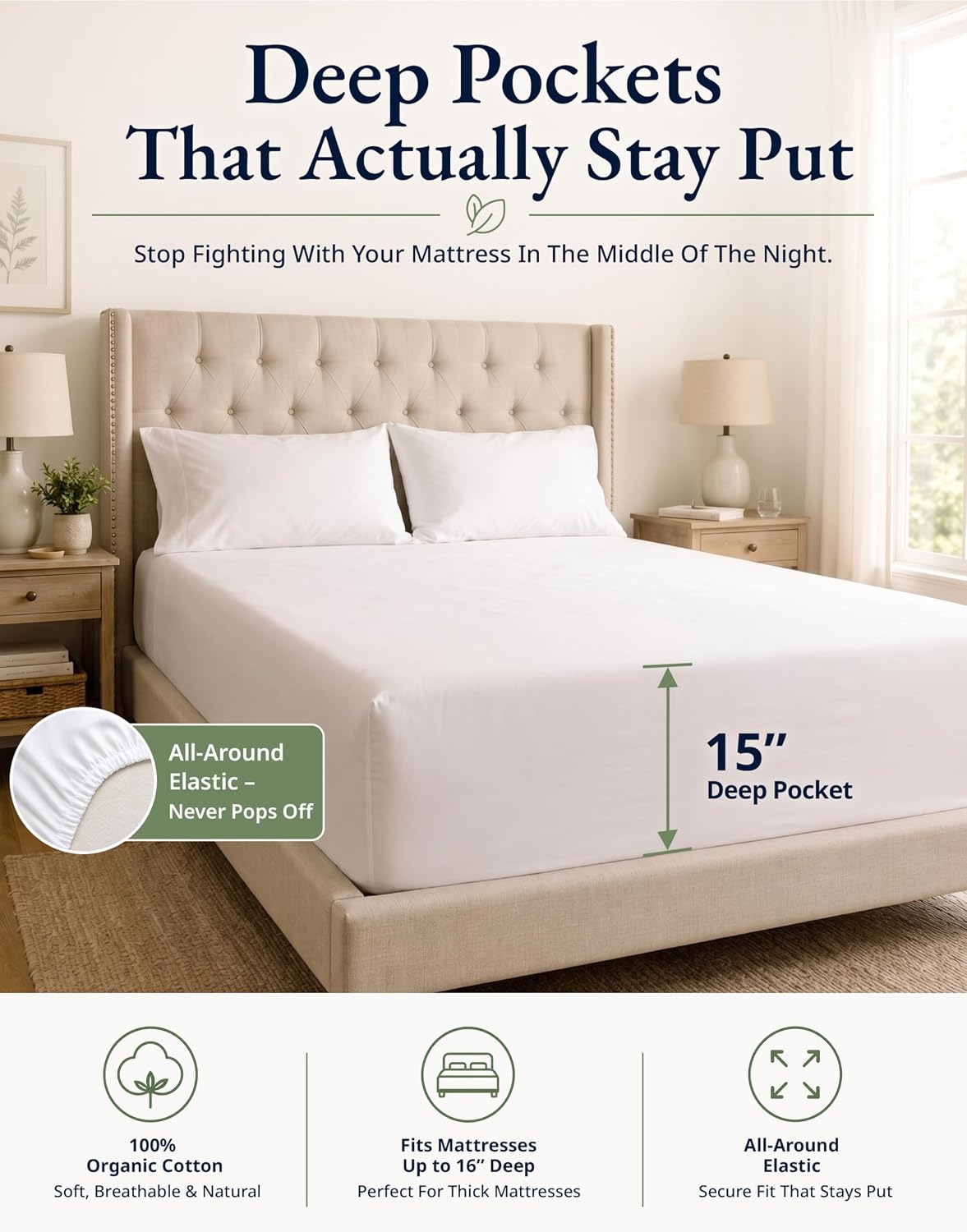 LANE LINEN 100% Organic Cotton Fitted Sheet Queen, 15" Deep Pocket Snug Fit Fully Elasticized Naturally Temperature Regulating Soft & Comfy Deep Pocket Queen - White (+Pillowcases)