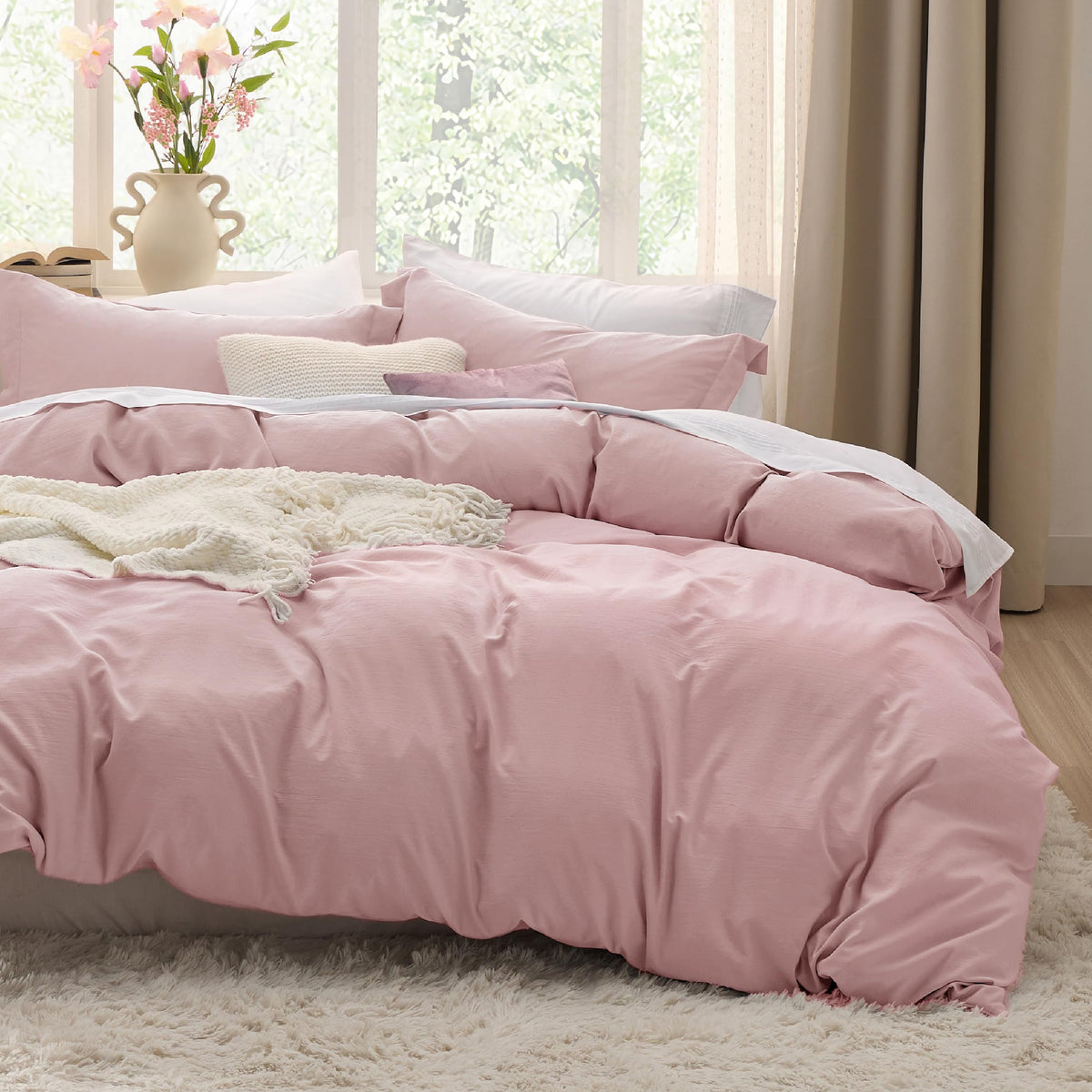 Bedsure Prewashed Duvet Cover Queen, Cotton-Like Soft Bedding Set, Beige