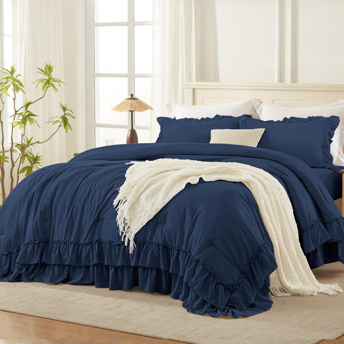 Andency Beige Ruffle Full Size Comforter Set, 3 Pieces
