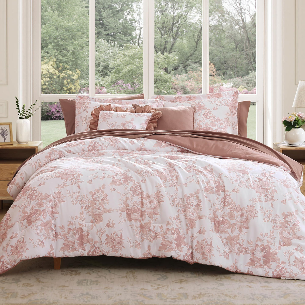 BLOOMHAVEN Queen Comforter Set-7 Pieces Brown Floral Bed in a Bag Queen