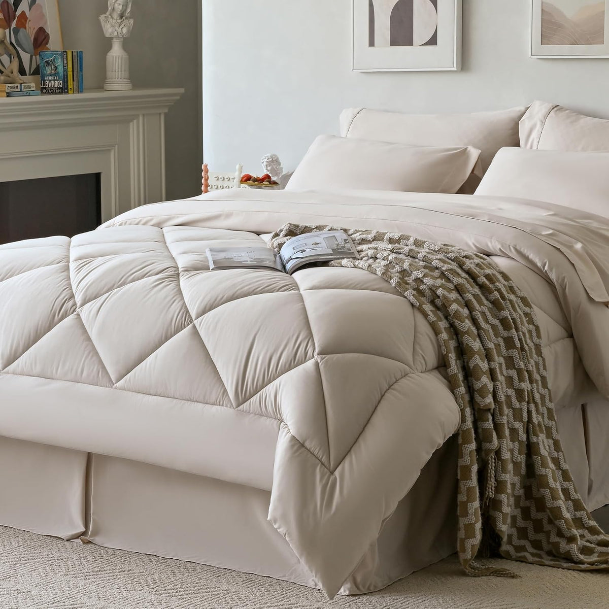 Newspin Queen Comforter Set 8 Pieces Bed in a Bag Soft Bedding Set Beige