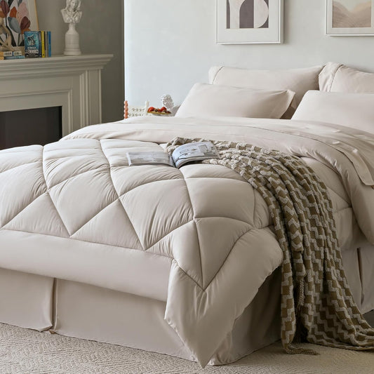 Newspin Queen Comforter Set 8 Pieces Bed in a Bag Soft Bedding Set Beige