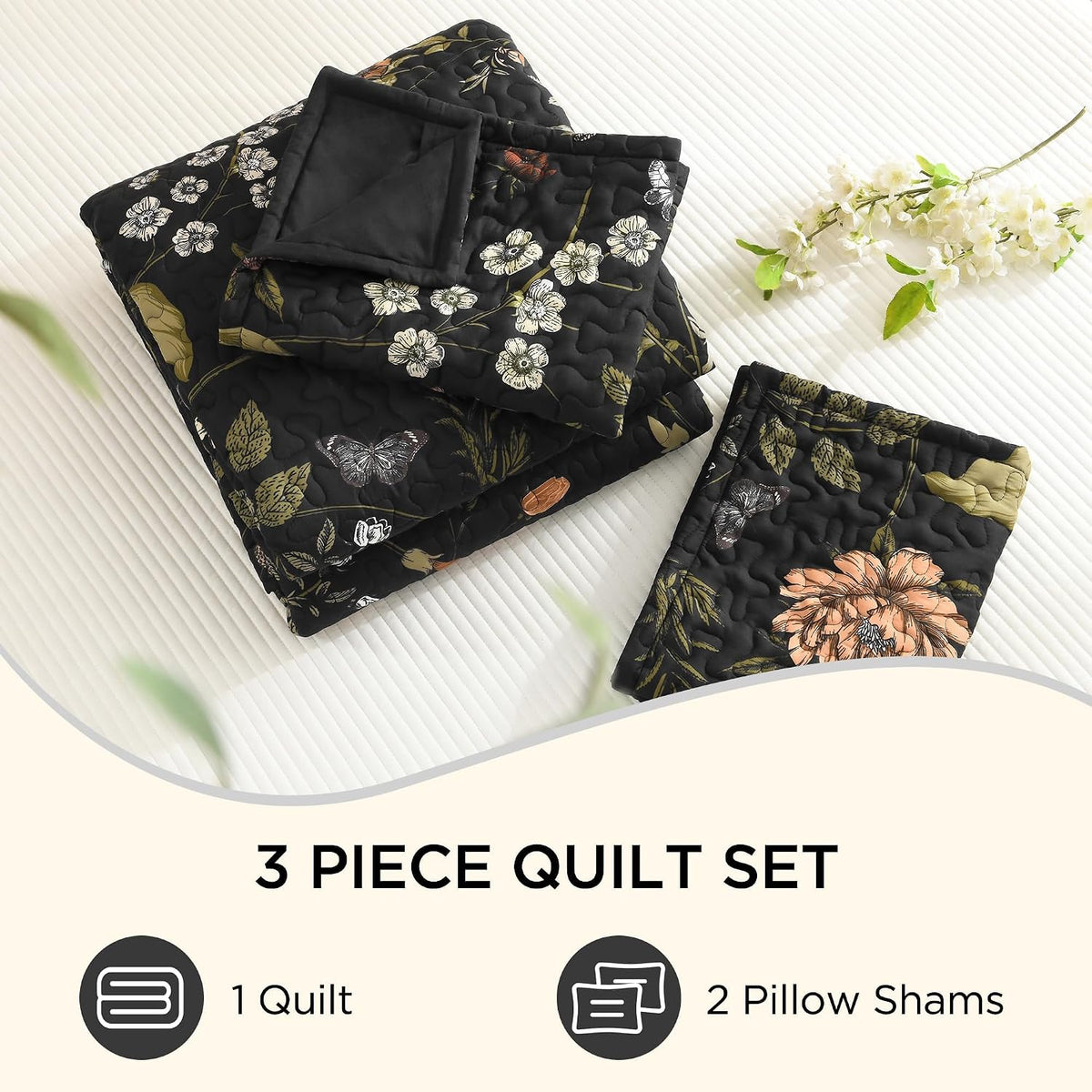 Litanika Floral Black Quilt King - 3Pcs Summer Boho Bedding Set