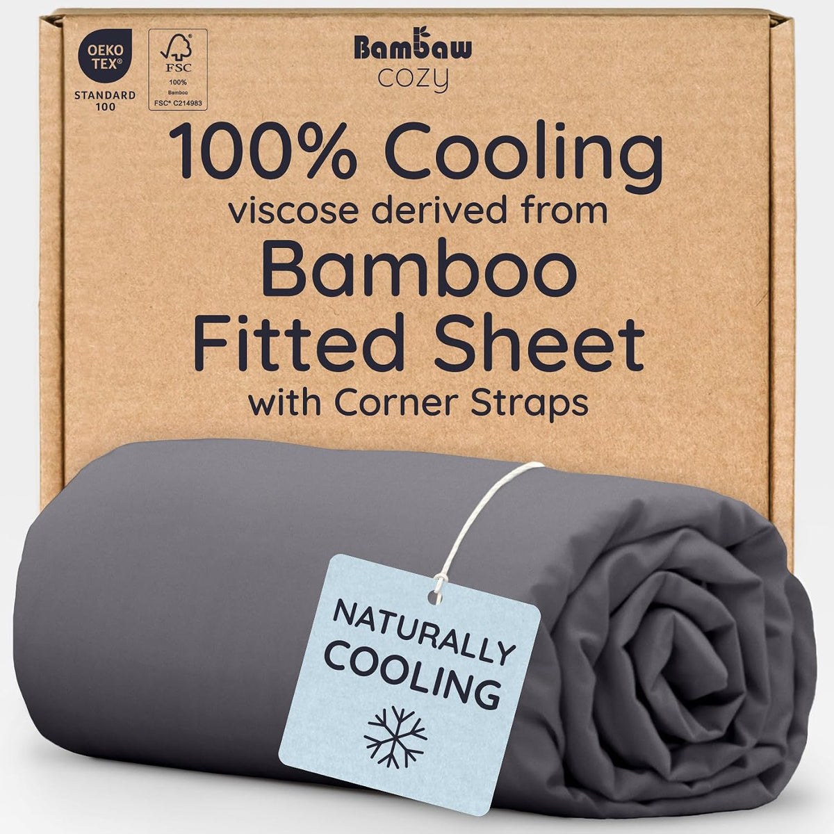 Bambaw 100% Viscose Derived from Bamboo Queen Size Fitted Sheet, Cooling, Deep Pocket, Corner Straps, Charcoal